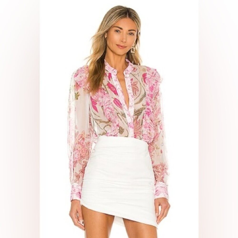 Hemant and Nandita Pink Floral Sheer Ruffle Blouse